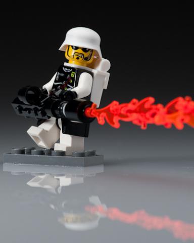 Legoman with flamethrower by TWClone at Flickr