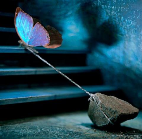 Picture of a butterfly held back by a rock tied to its legs